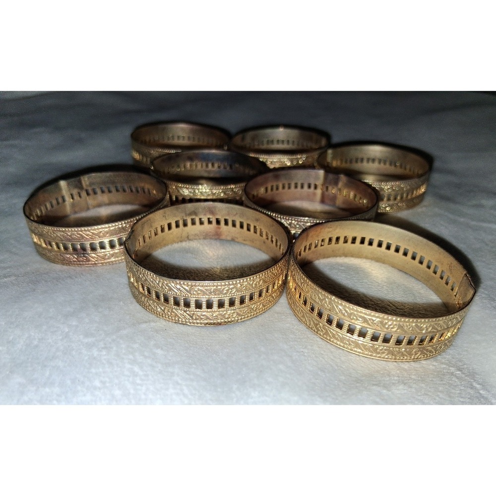 Vintage Gold Tone Filigree Metal Napkin Rings Set of 8 Ornate Openwork